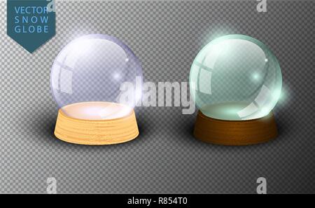 Vector snow globe empty template isolated on transparent background. Christmas magic ball. Glass ball dome, wooden stand. Realistic traditional winter Stock Vector