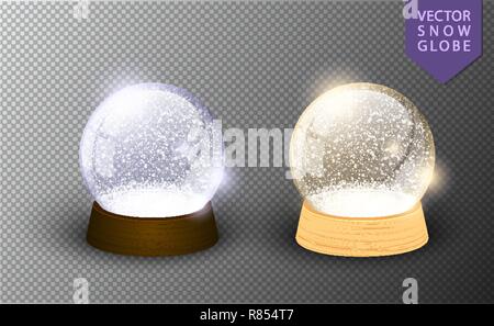 Vector snow globe empty template isolated on transparent background. Christmas magic ball. Glass ball dome, wooden stand. Realistic traditional winter Stock Vector