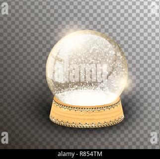 Vector snow globe empty template isolated on transparent background. Christmas magic ball. Glass ball dome, wooden stand with silver crown decor Stock Vector