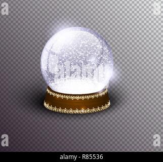 Vector snow globe empty template isolated on transparent background. Christmas magic ball. Glass ball dome, wooden stand with silver crown decor Stock Vector