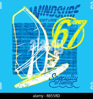 Windsurfer surfing on brushed background, vector image Stock Vector