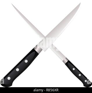 Vector icon for knives. Vector icon for two crossed metallic kitchen knives on gray background. Stock Vector