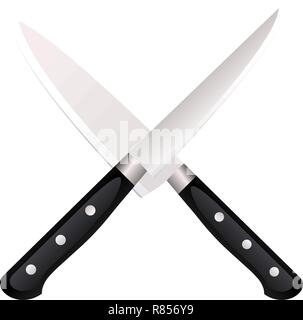 Vector icon for knives. Vector icon for two crossed metallic kitchen knives on gray background. Stock Vector