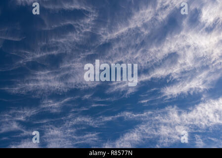 Reticulated formations in high clouds, white cirrus clouds against a blue sky background Stock Photo