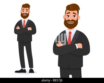 Smiling confident businessman in black formal wear with arms crossed isolated in white background portrait and full view. Emotion and body language co Stock Vector