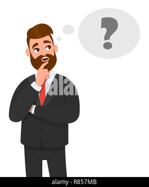 Thoughtful young business man thinking. Question mark icon in thought bubble. Emotion and body language concept in cartoon style vector illustration. Stock Vector