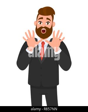 Businessman looking shocked, scared trying to protect himself in anticipation of unpleasant situation, isolated white background. Vector illustration. Stock Vector