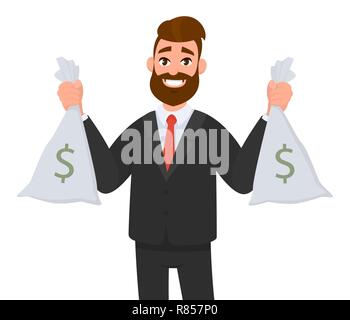 Smiling successful businessman holding cash/money/currency bags and standing isolated in white background. Successful business or finance concept Stock Vector