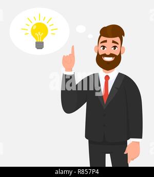 Thoughtful happy businessman pointing up to the bright bulb in the thought bubble. Idea, innovation, invention, problem solving, solution concept Stock Vector