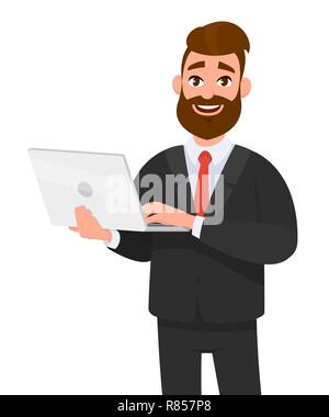 Happy businessman holding and using laptop computer standing against isolated white background.  Technology and laptop computer concept illustration Stock Vector