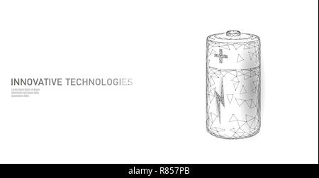 Fully charged polygonal alkaline battery. Energy power storage electric rechargeable supply. White neutral gray low poly polygon particle space dark sky industry technology concept vector illustration Stock Vector