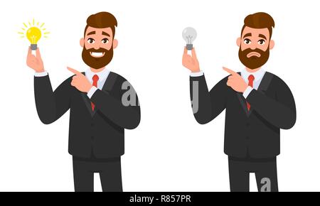 Happy businessman holding bright bulb and pointing to it. Unhappy businessman holding bulb and pointing and standing against isolated white background Stock Vector