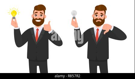 Happy businessman showing thumbs up and holding bright bulb. Unhappy business man showing thumbs down and holding bulb. Vector illustration in cartoon Stock Vector