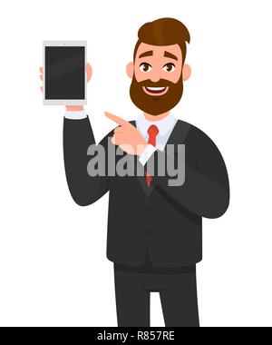 Happy confident business man showing a blank screen tablet computer and pointing towards it. Business man standing. Vector illustration in cartoon. Stock Vector