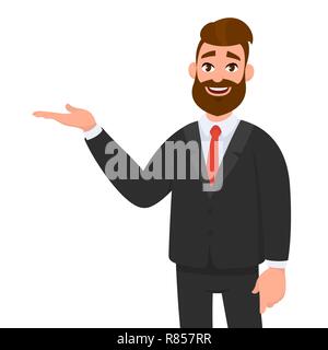 Happy businessman showing hand gesture copy space to present or introduce something. Presentation, advertisement, introduce concept illustration in ve Stock Vector