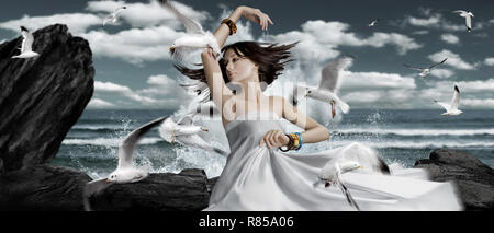 panorama surreal fairy tale art background with sea, rocks, waves, seagulls flying and dancing girl Stock Photo