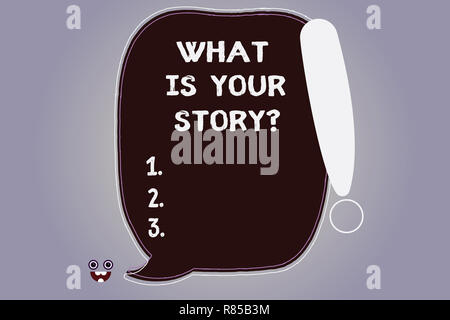 Word writing text What Is Your Storyquestion. Business concept for Tell us your background and life experiences Blank Color Speech Bubble Outlined wit Stock Photo