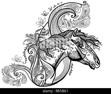 Vector hand drawing illustration zentangle horse in black color isolated on white background. Doodle horse  illustration with plant elements. Coloring Stock Vector