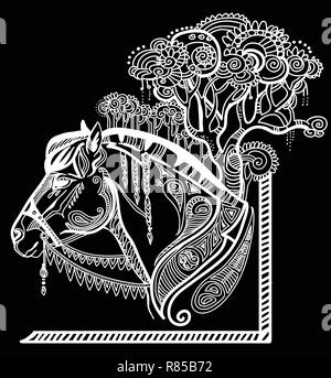 Vector hand drawing illustration zentangle horse in white color isolated on black background. Doodle horse  illustration with plant elements. Coloring Stock Vector