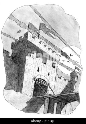 Pencil Drawing of Castle Tower and Gate in Moon Light Stock Photo