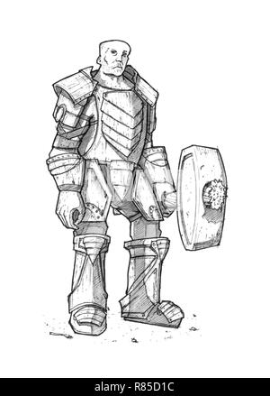 Black Ink Drawing of Fantasy Warrior Knight in Armor With Sledgehammer or Maul Stock Photo