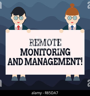Writing note showing Remote Monitoring And Management. Business photo showcasing Long distance monitor data analysisager Male and Female in Uniform Ho Stock Photo