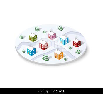 Christmas winter snowbound landscape 3d isometric urban city infographic concept. Town center map with buildings and roads on the plane. Stock Vector