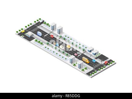Isometric module of the modern 3D city. Winter landscape snowy trees, streets. Three-dimensional views of urban areas with transport roads, intersecti Stock Vector