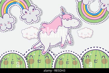kawaii cactus with unicorn and clouds with rainbow Stock Vector