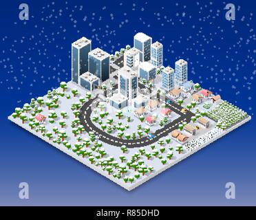 Megapolis 3d isometric three-dimensional view of the city. Collection of houses, skyscrapers, buildings, built and supermarkets with streets and traff Stock Vector