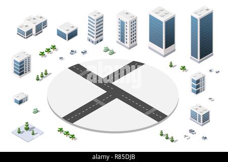A large set of isometric urban objects. A set of urban buildings, skyscrapers, houses, supermarkets, roads and streets Stock Vector