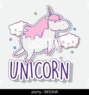 kawaii clouds with cute unicorn and stars Stock Vector