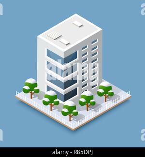 Christmas 3d house in the winter forest. Isometric building in the natural landscape. Stock Vector