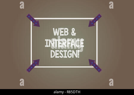 Text sign showing Web And Interface Design. Conceptual photo Website designers online sites developing Square Outline with Corner Arrows Pointing Inwa Stock Photo