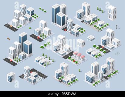 Isometric set Christmas New Year city three-dimensional winter town quarter. Skyscrapers, apartment, office, houses and streets with urban traffic mov Stock Vector
