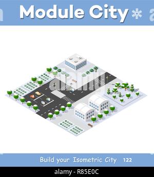 Christmas New Year cityscape city street public block house from above highway intersection transportation street. Isometric winter landscape of skysc Stock Vector