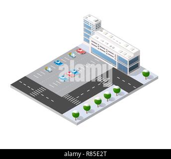 Christmas New Year cityscape city street public block house from above highway intersection transportation street. Isometric winter landscape of skysc Stock Vector