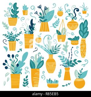 Vector collection of house plant isolated on white background. Illustration of indoor and office plants in pots. Design elements. Modern style Stock Vector