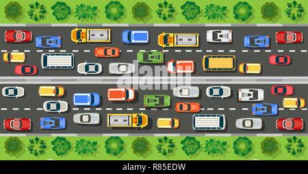 Road top view with highways many different vehicles. Map of cars traffic jam and urban transport. City infrastructure with transportation design eleme Stock Vector