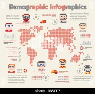 Demographic infographic with people icons and charts. Word map with information vector elements, illustration globe with diagram in flat business colo Stock Vector