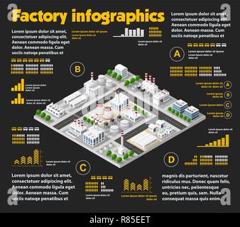 City isometric industrial factory infographics there are diagram, building, road, plant, transportation and works in the area of the town with busines Stock Vector