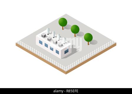 Vector isometric icon of factory infrastructure element industrial landscape and garbage recycling plant with buildings and trees Stock Vector