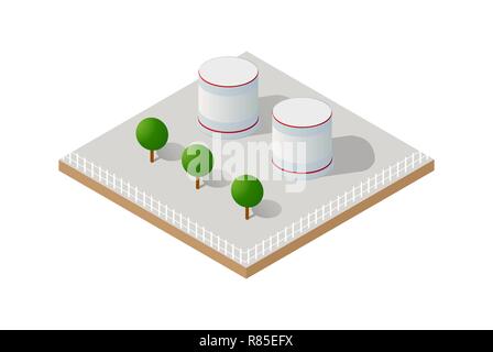 Vector isometric icon of factory infrastructure element industrial landscape and garbage recycling plant with buildings and trees Stock Vector