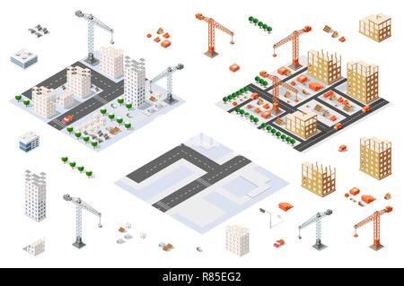 Flat 3d architectural set isometric creative planning, web infographic vector. Skyscraper building sketch plan construction place builders crane proce Stock Vector