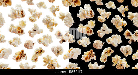 Popcorn seamless pattern. Pop corn isolated on white and black backgrounds Stock Photo