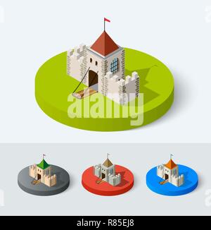 Medieval castle icon vector set. Fort tower isometric building city urban element in flat style. Knights, royal, princess fortress sign. Stock Vector