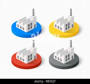 Perspective 3D view on isometric buildings factory city web icons in flat style. Plants, warehouse, conveyor and other industrial facilities Stock Vector
