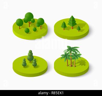 Isometric tree icon set, collection of dimensional wood nature objects sign designs on countryside landscape Stock Vector