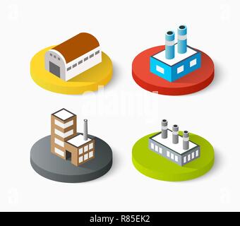 Perspective 3D view on isometric buildings factory city web icons in flat style. Plants, warehouse, conveyor and other industrial facilities Stock Vector