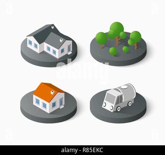 Real Estate isometric building icon set for web and mobile. Kit includes urban element in a flat style. Modern minimalistic color design Stock Vector
